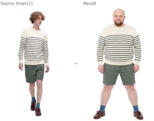 Body type transfer: border sweater from slim source stretches naturally on larger target