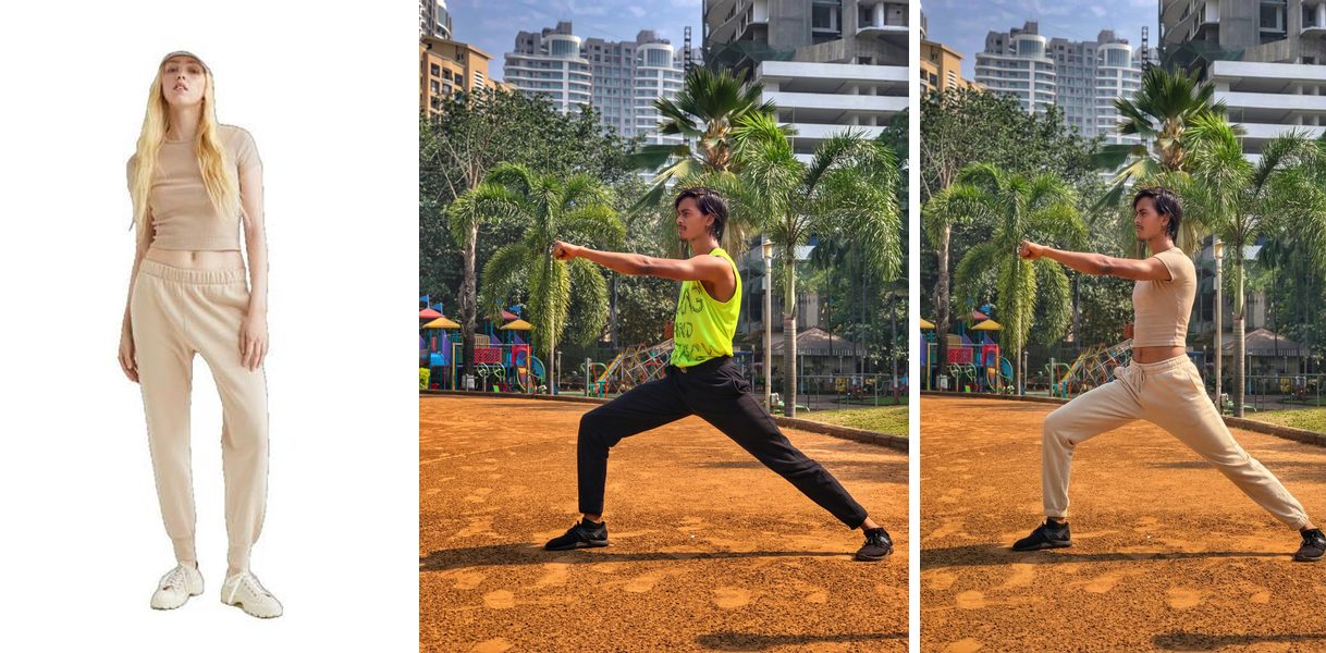 Punch pose: source clothing (left), target person (center), result (right)