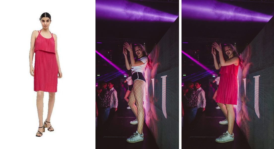 Club dance: source clothing (left), target person (center), result (right)