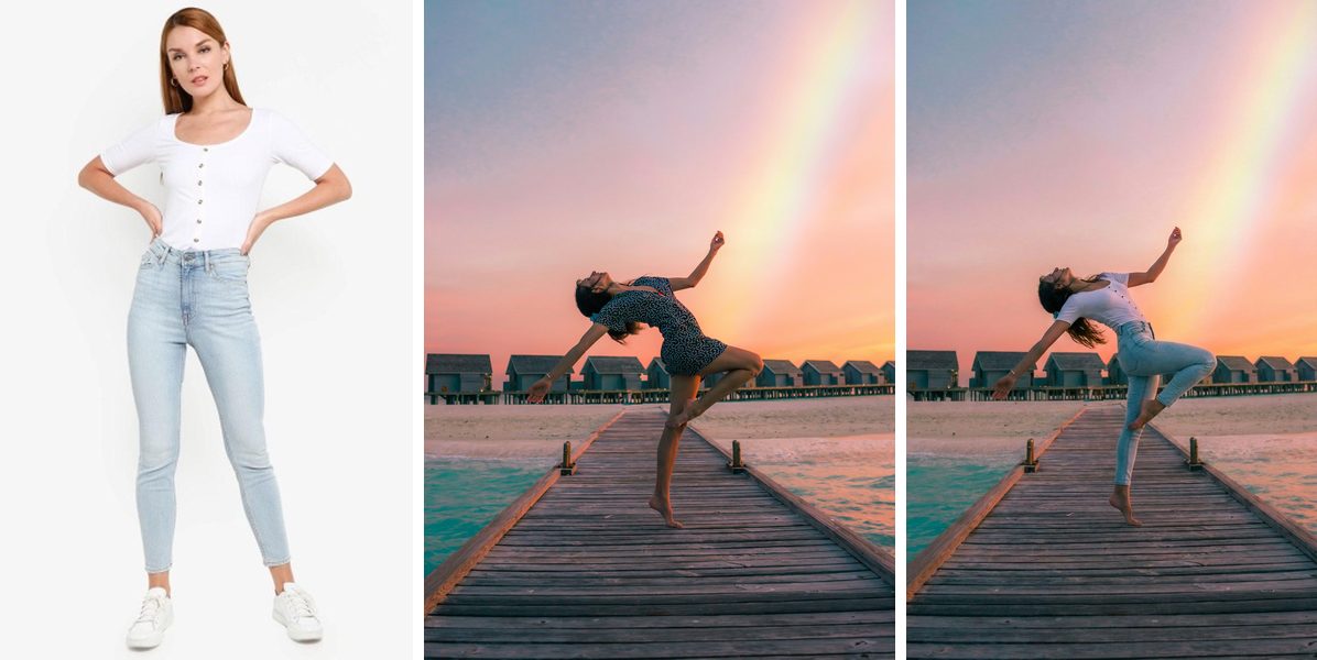 Beach dance: source clothing (left), target person (center), result (right)