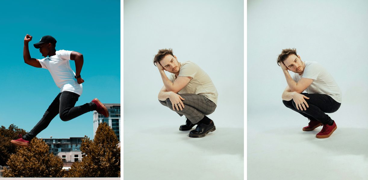 Extreme pose difference: source clothing (left), target person (center), result (right)