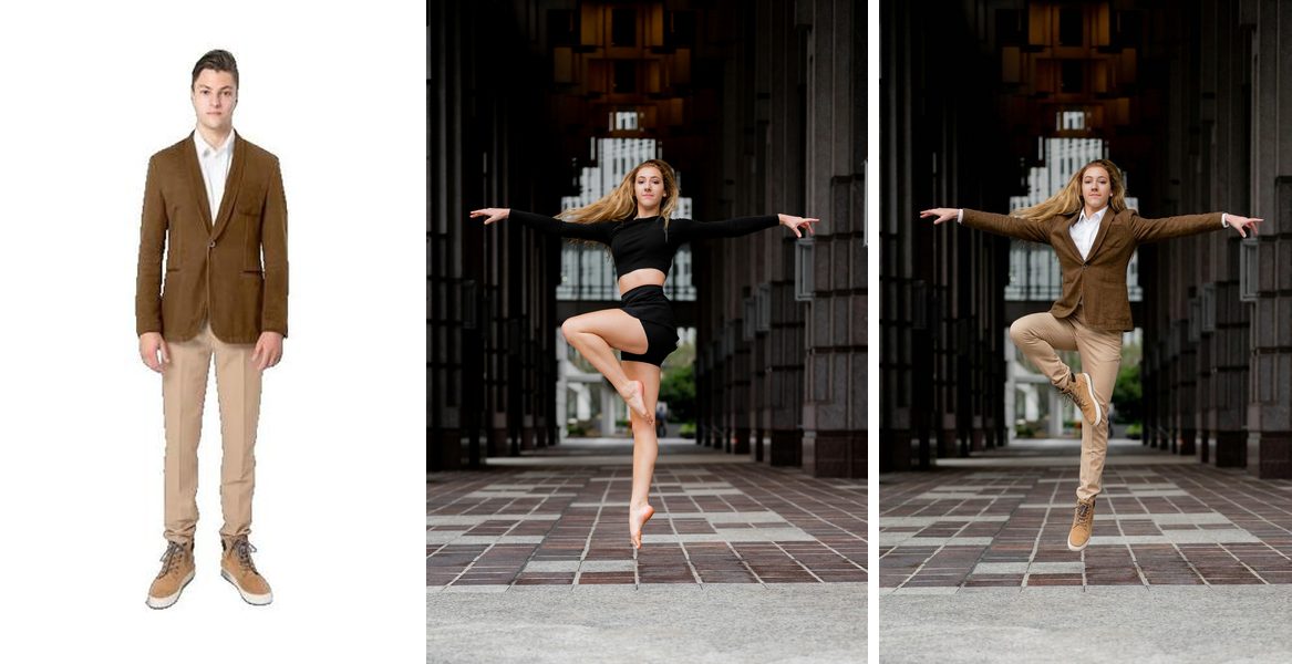 Cross-gender: source clothing (left), target person (center), result (right)