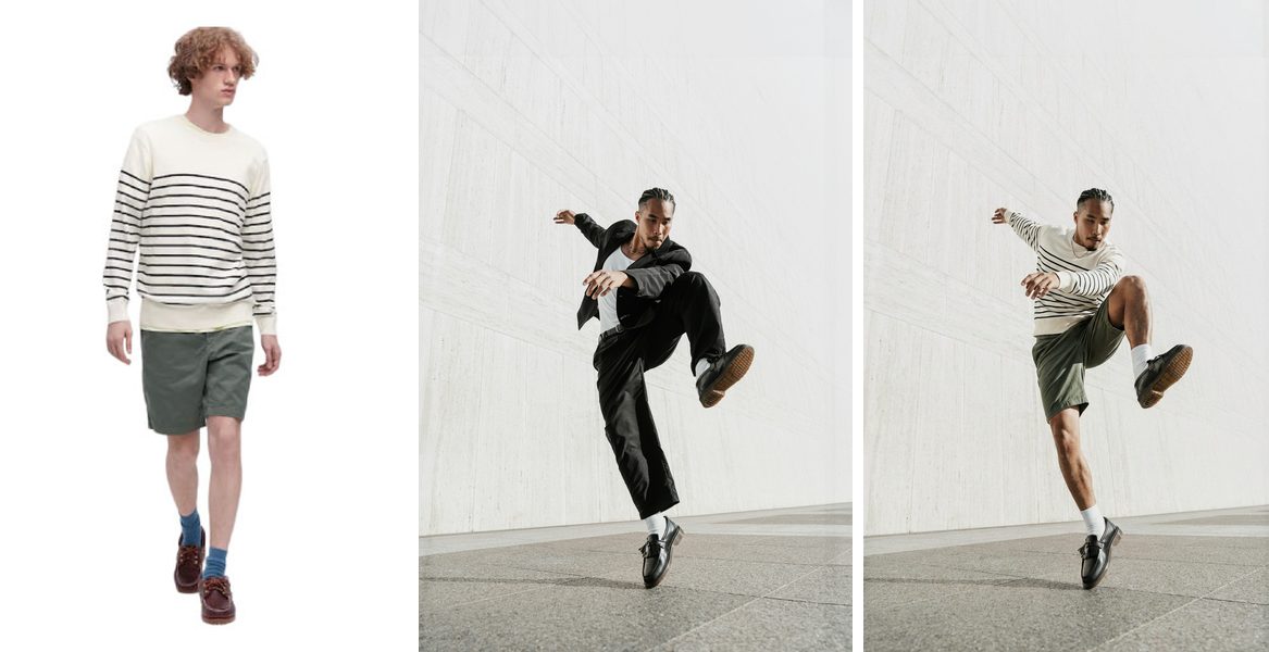 High-res dance pose: source clothing (left), target person (center), result (right)