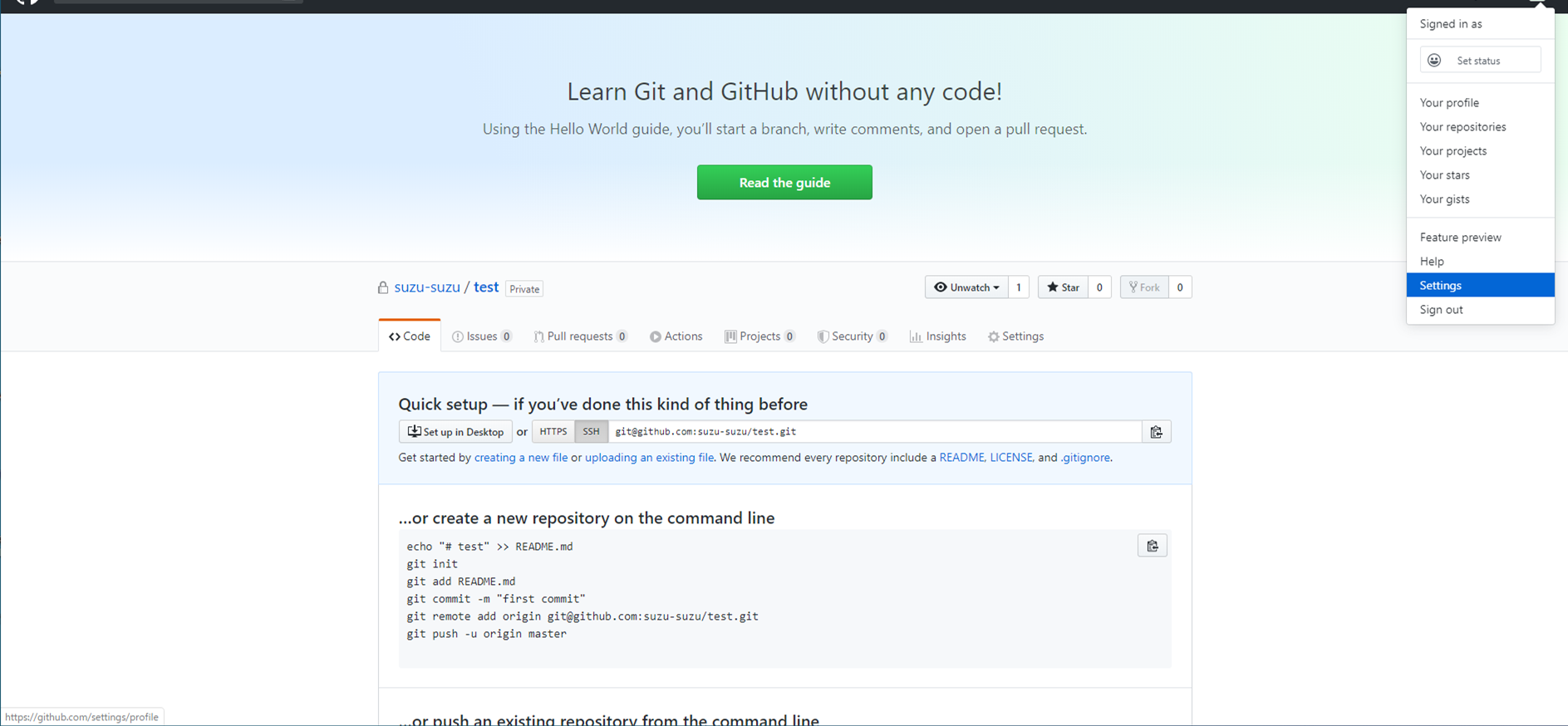 GitHub Settings menu