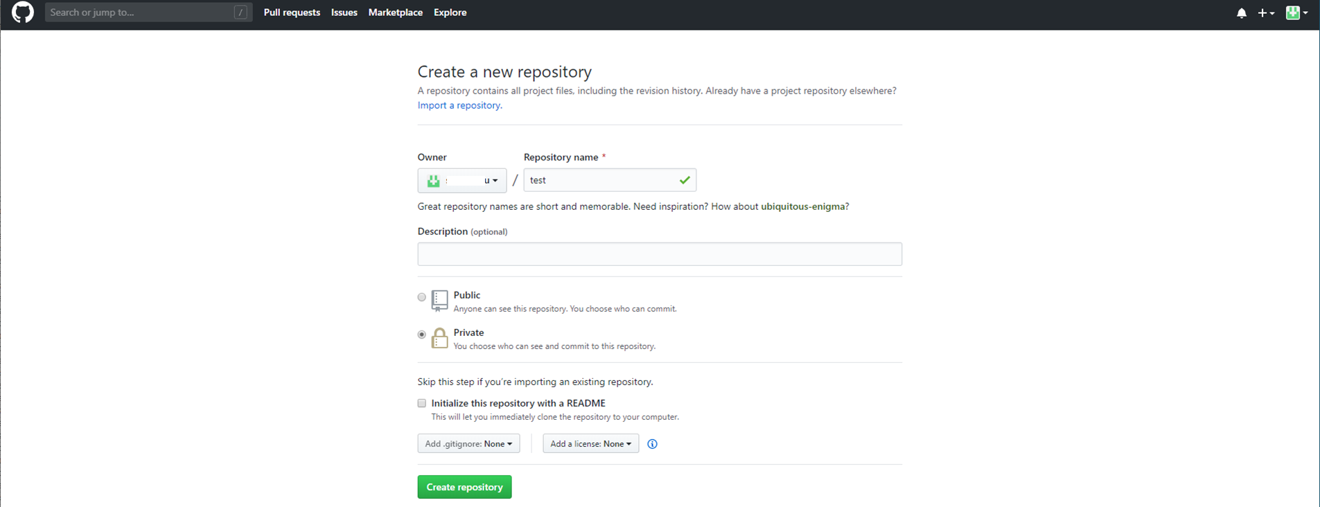 Repository name and Public/Private selection