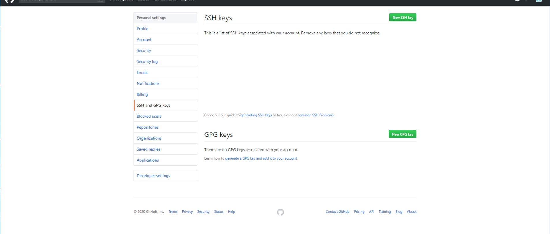 SSH and GPG keys page on GitHub