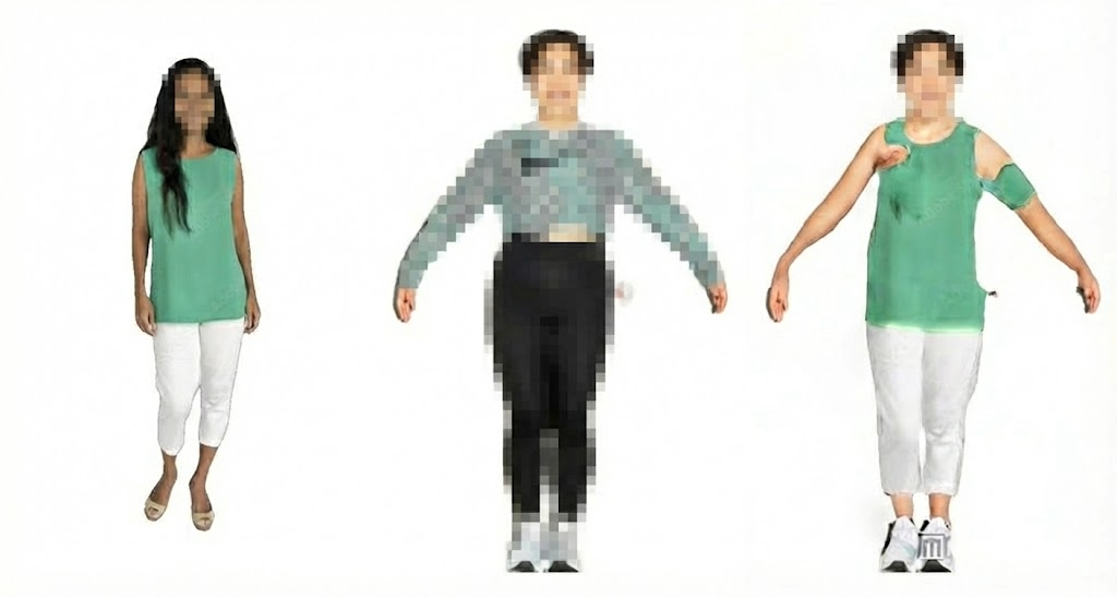 Body type diversity failure: the system produces significant artifacts for larger body types (center) while slim figures produce acceptable results (left, right)