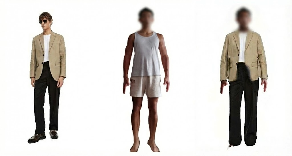 Male try-on failure: the same blazer outfit (left, original) produces significant body proportion distortion and artifacts when transferred to a male subject (center, right)