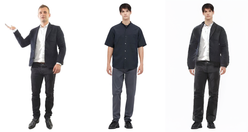 Men's virtual try-on: business casual jackets and shirts fitted to different body types