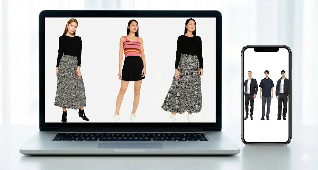 META FIT virtual try-on system displayed on laptop and smartphone