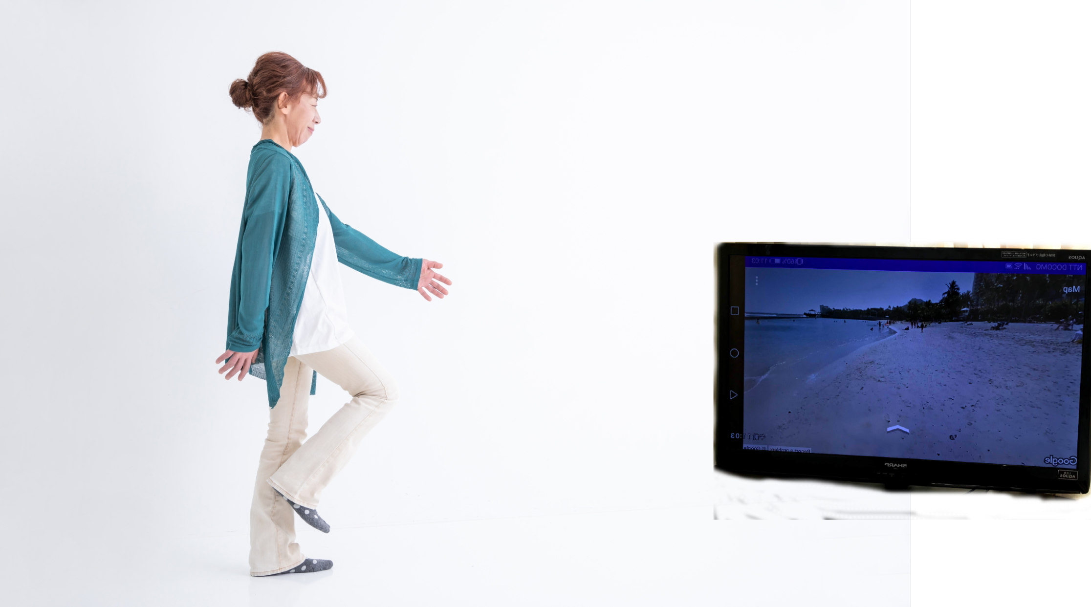 Walking in place with TV displaying Street View